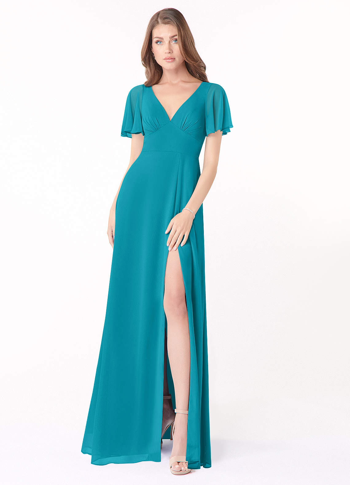 Azazie Kimber Bridesmaid Dresses Jade A-Line Flounce Sleeve Chiffon Dress image1