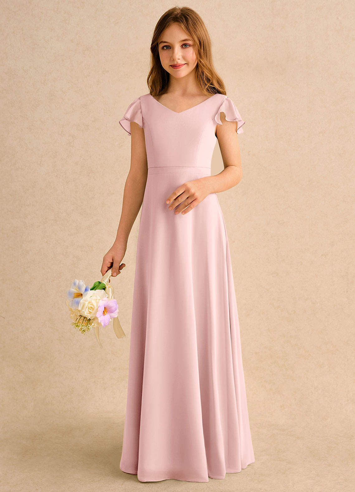 Azazie Nari Girls Formal Flower Girl Dresses Powder Pink A-Line with Sleeves Chiffon Dress image3