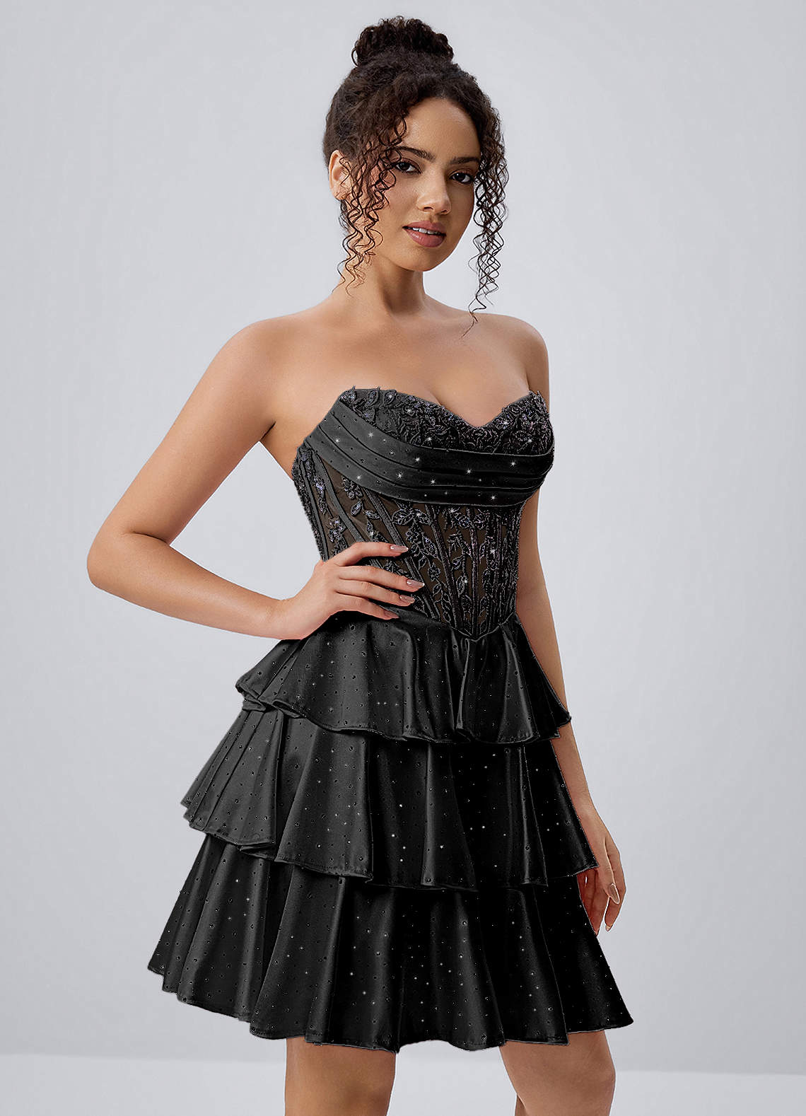 corset tiered mini dress Maude Black Strapless Floral Lace Satin Floral corset Calf Width:30cm ALL-EOFY-25 Women's Bandage Mini Dress this short homecoming dress