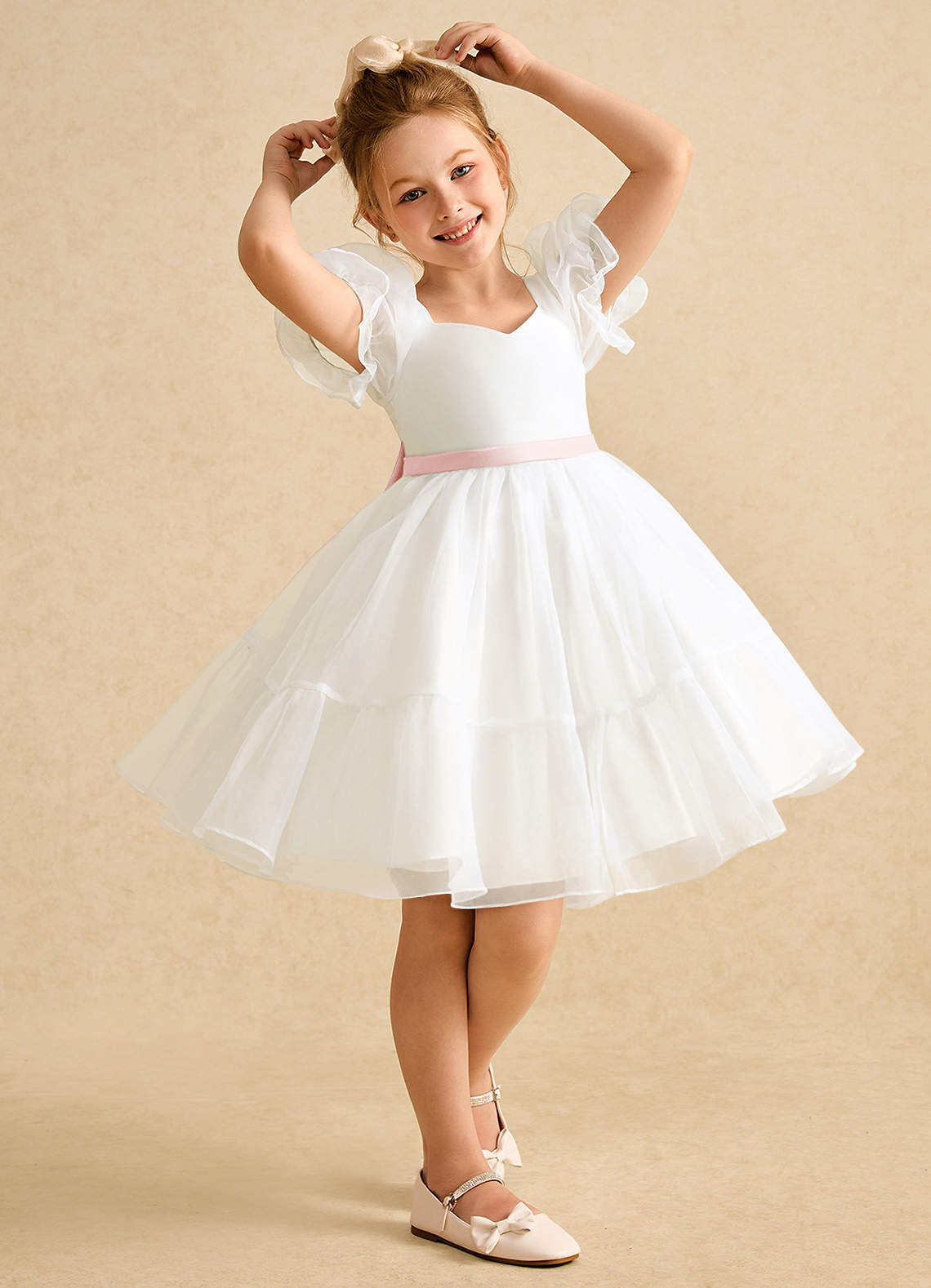 Azazie Debbie vestidos de niña de las flores Vestido de Marfil Rosa Ruborizado de Organza de Princesa con Escote de Corazón image1