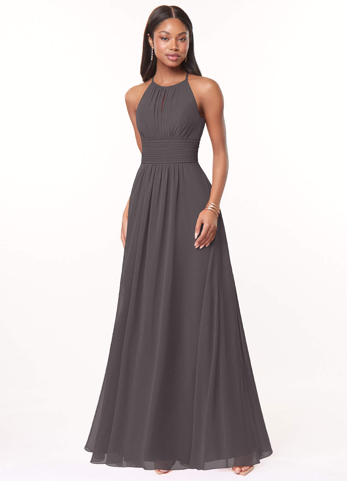 Azazie Bonnie Bridesmaid Dresses Steel Grey A-Line Keyhole Ruched Chiffon Dress image1