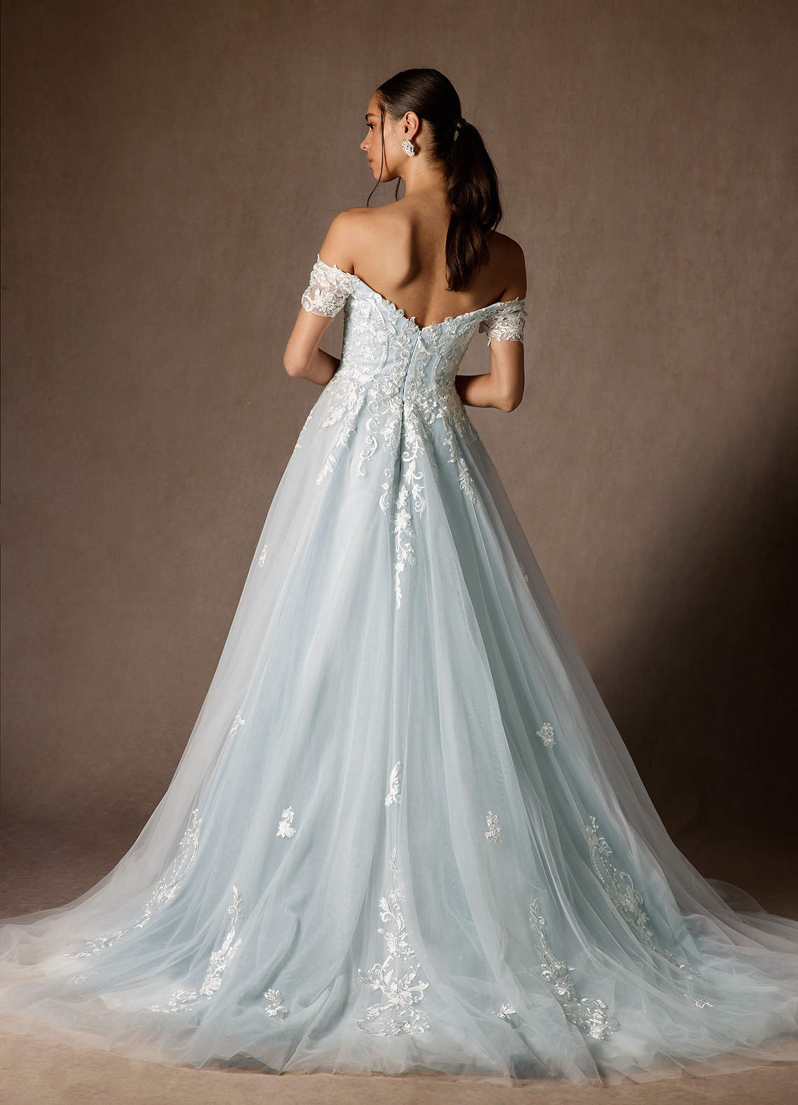 Azazie Rowe At-home Try On Dresses Cloudy Blue Ball-Gown Off the Shoulder Tulle Dress image1
