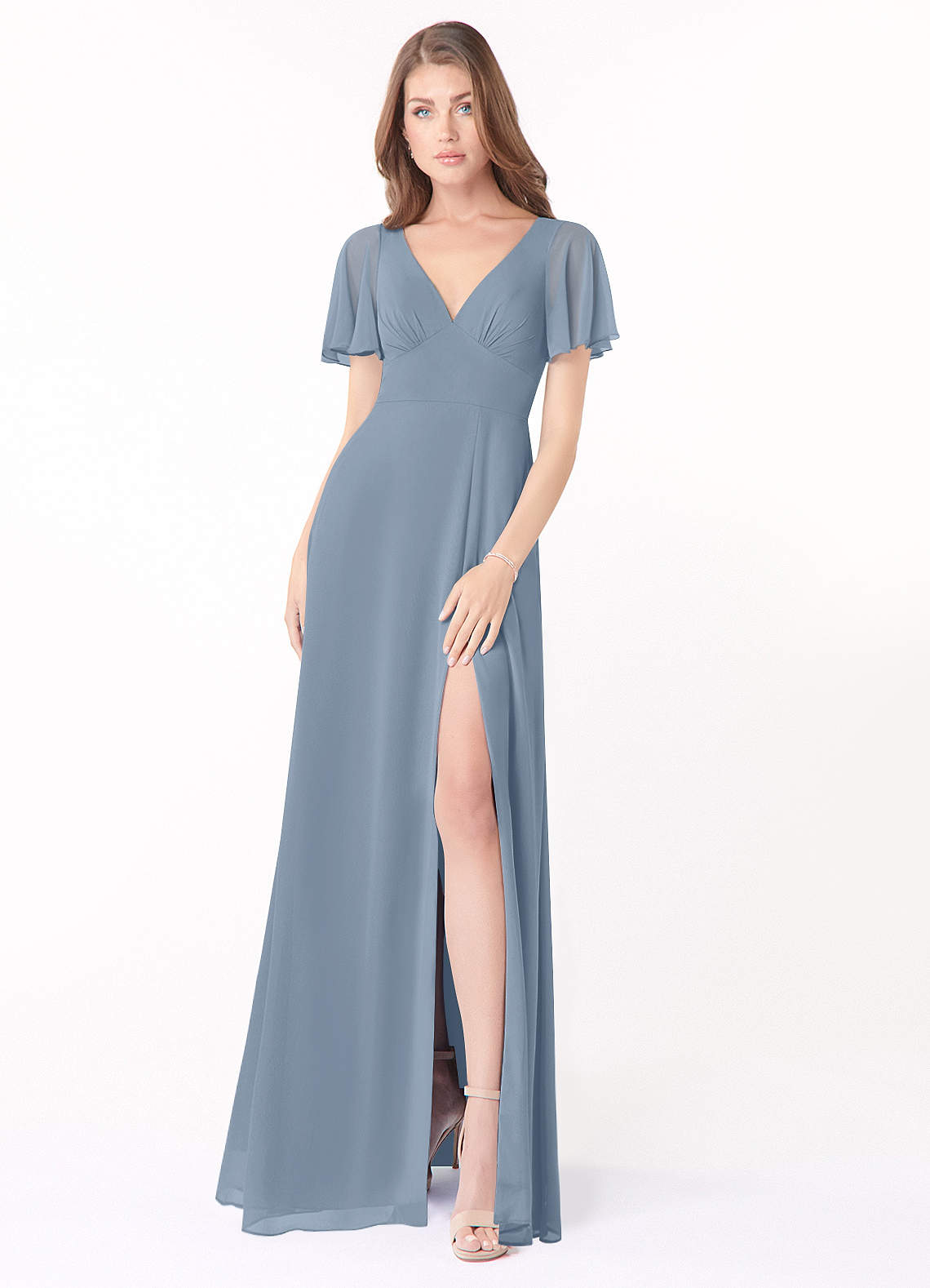 Azazie Kimber Bridesmaid Dresses Dusty Blue A-Line Flounce Sleeve Chiffon Dress image3