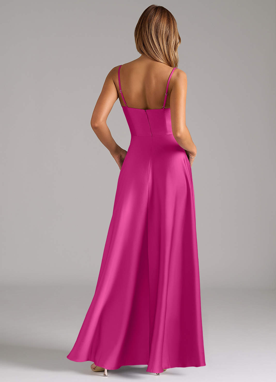 Azazie Elle Robes de demoiselle d'honneur Robe Trapèze en Satin extensible Plissée Fuchsia image6