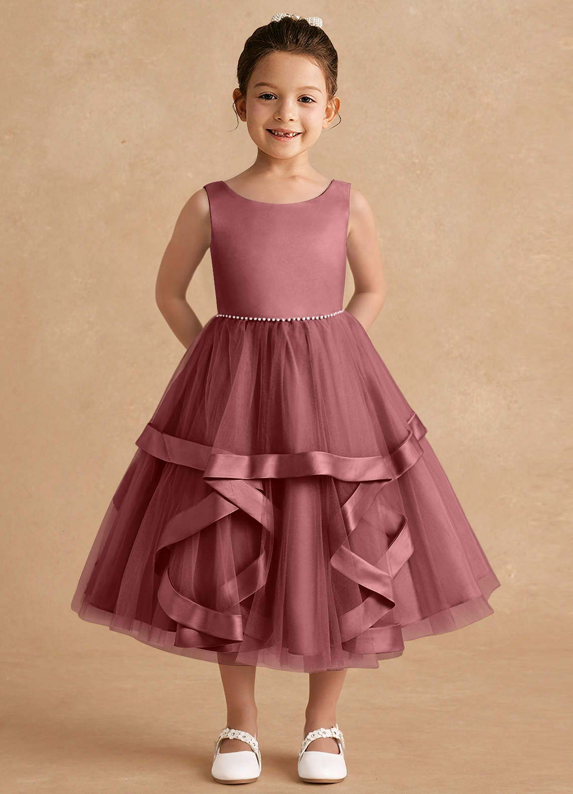 Azazie Posy Blumenmädchenkleider A-Linie Mit Perlen Tüll Kleid Amethyst image1