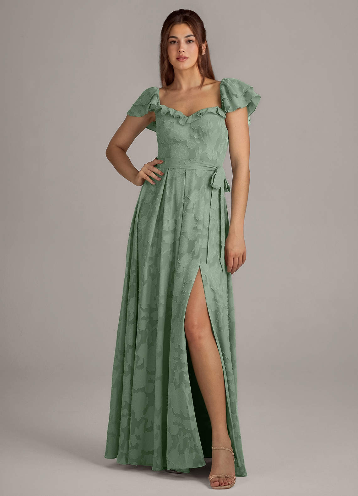 Azazie Aricella Robes de demoiselle d'honneur Robe Trapèze en Blumen-Burnout Corset Matcha image1