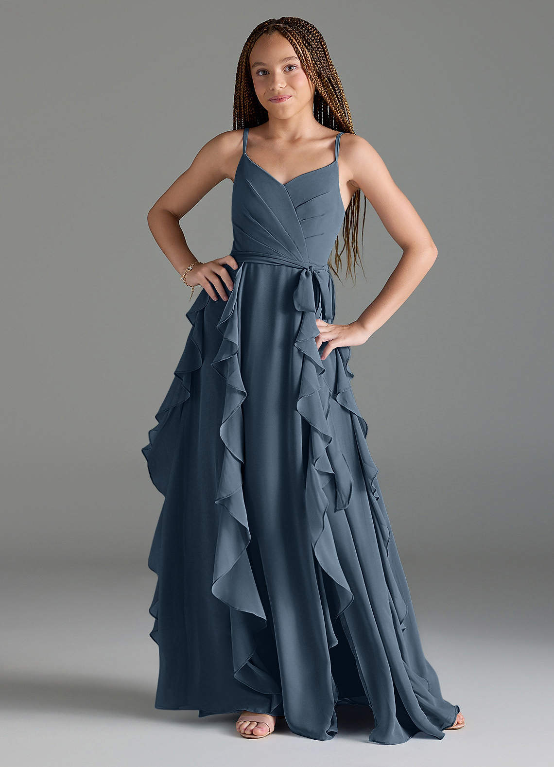 ruffled neckline bridesmaid dress Plunging Neck Tiered Ruffles Beach Print Chiffon Bridesmaid Gown