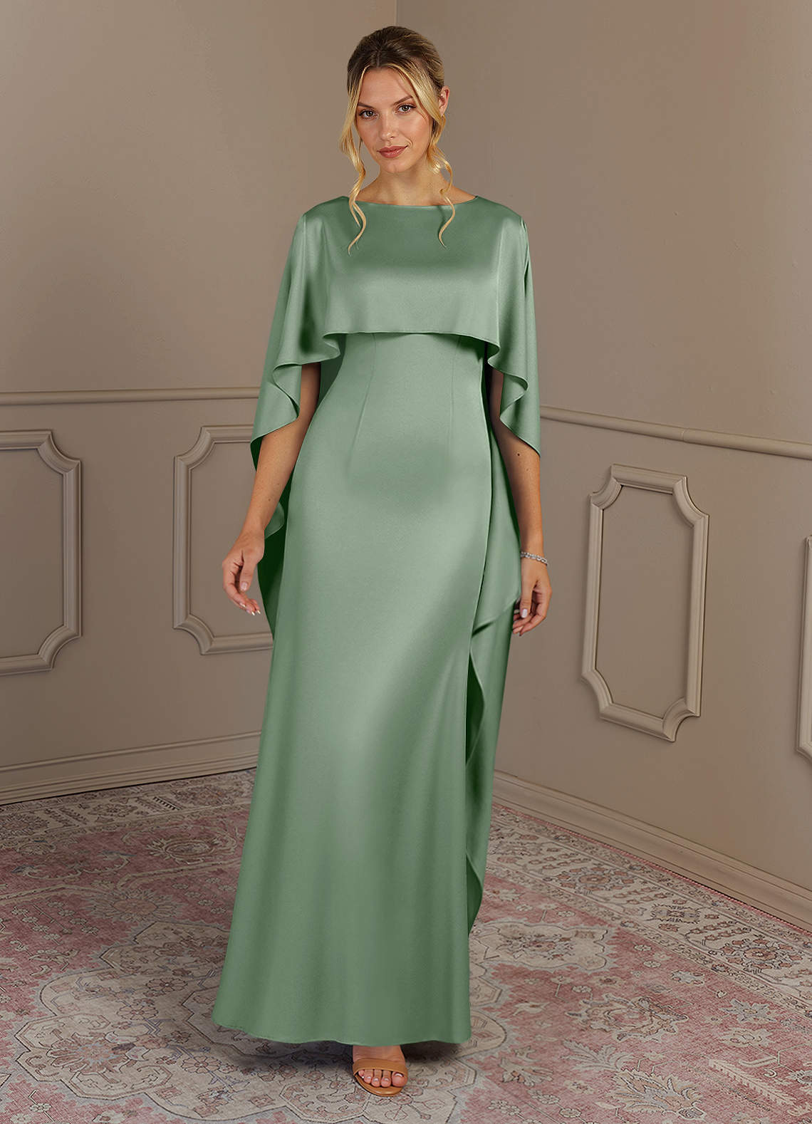 Azazie Eli Mother of the Bride Dresses Matcha Sheath Boatneck Stretch Satin Dress image3