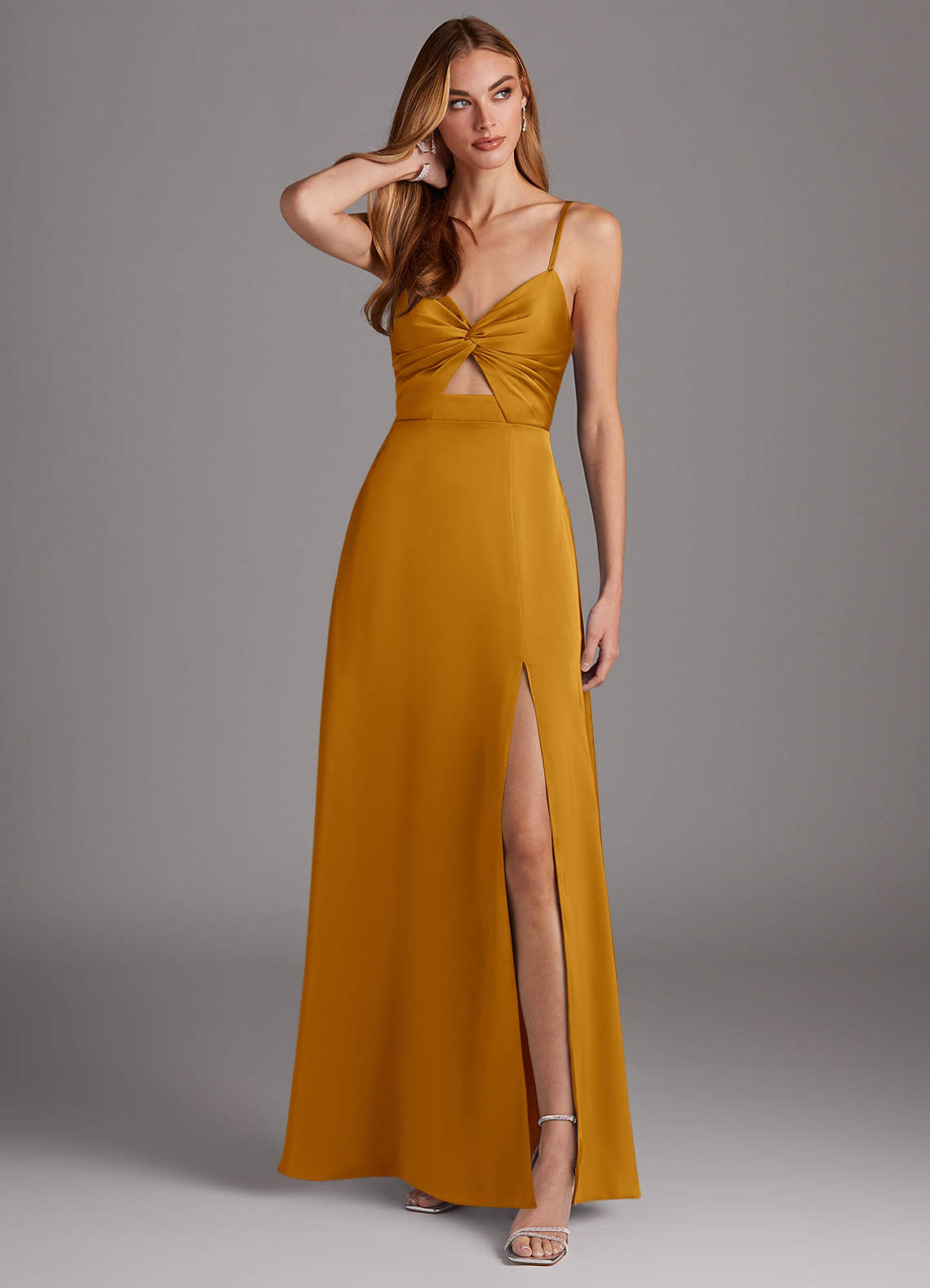 Azazie Jenna Bridesmaid Dresses Butterscotch A-Line Pleated Stretch Satin Dress image1