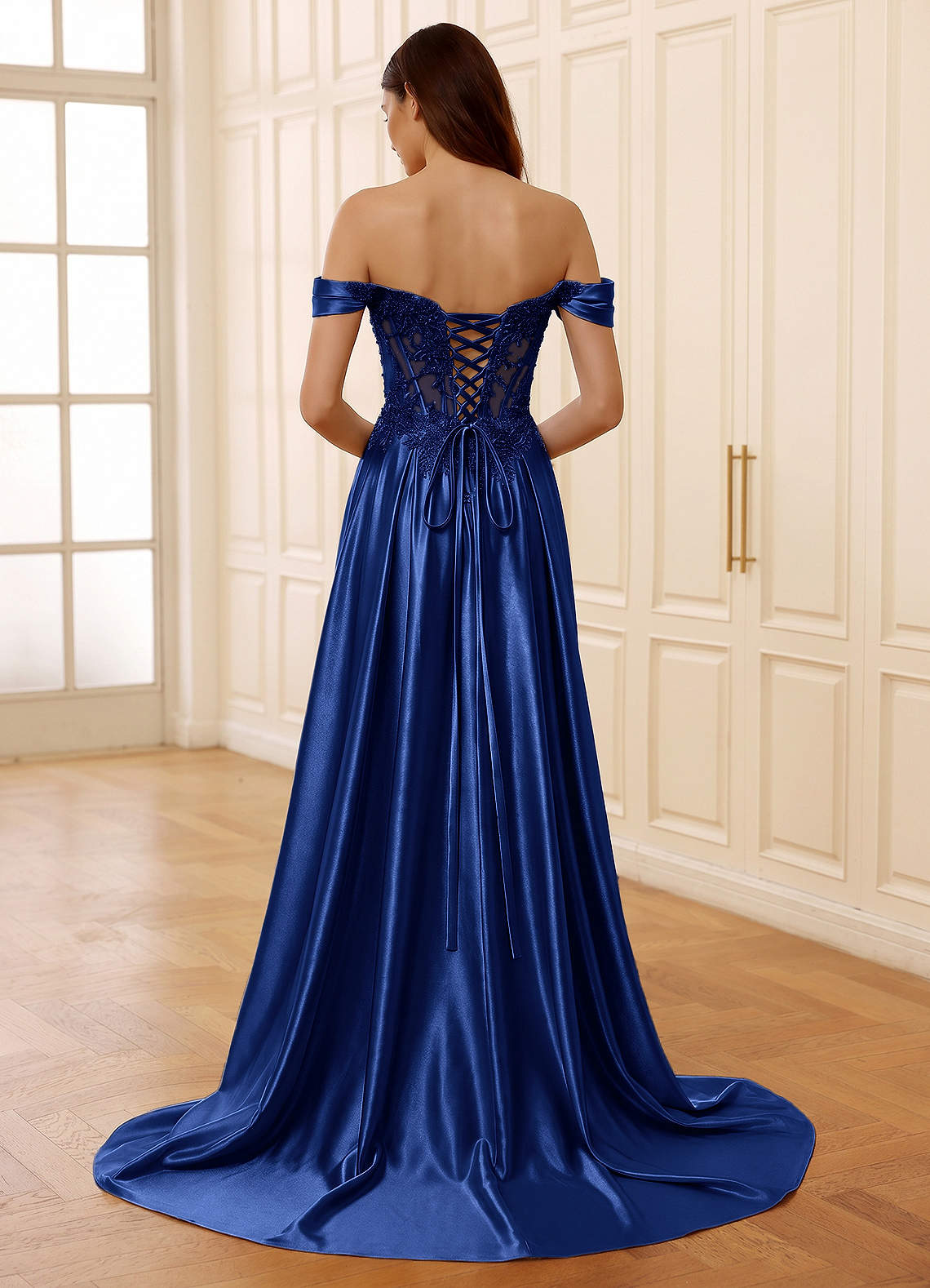 open lace back dress Long Royal Blue Prom Dress with Iridescent Sequins Royal/Multi / 7 main image 1