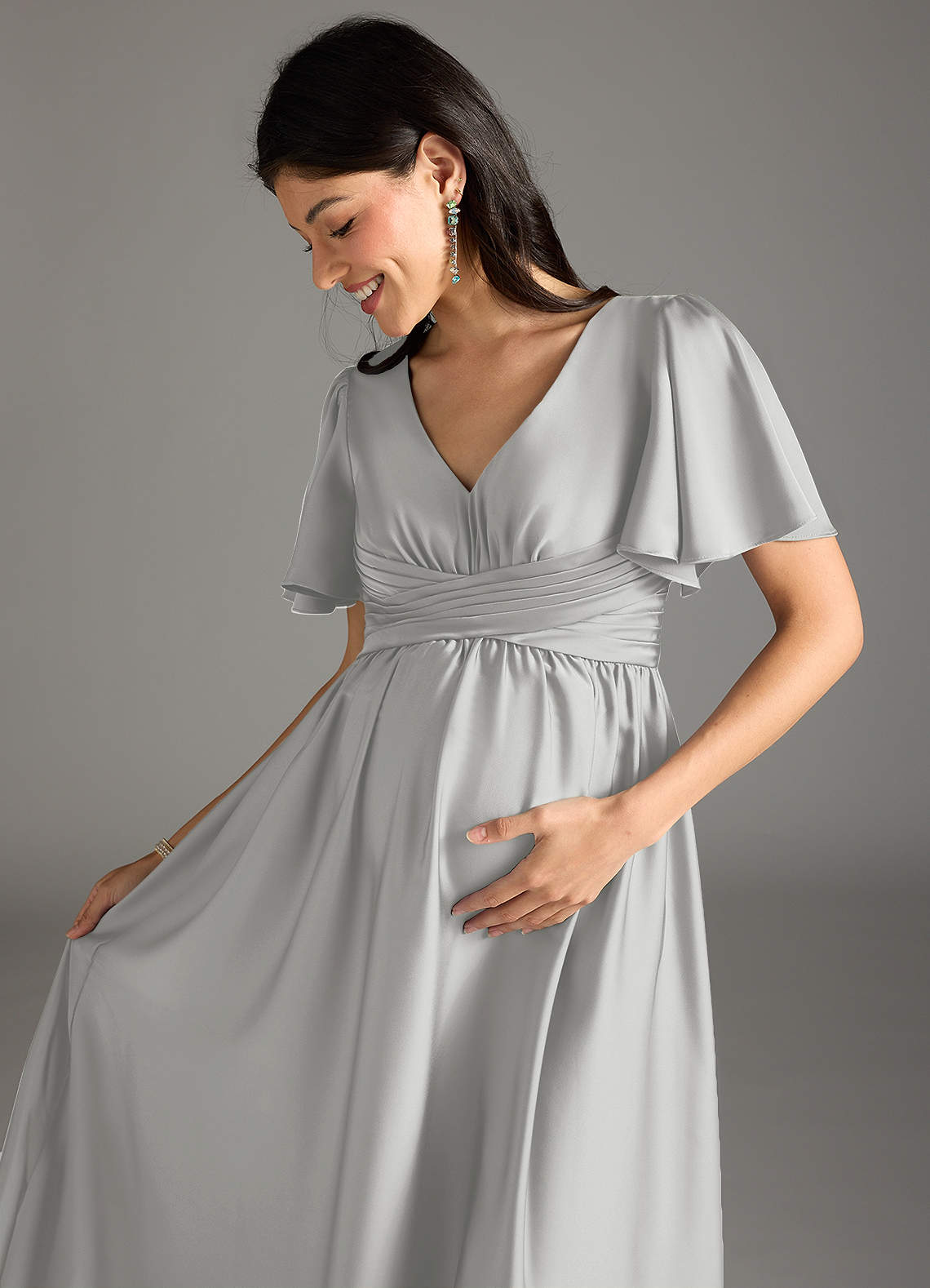 Azazie Verna Maternity Bridesmaid Dresses A-Line Ruched Stretch Satin Floor-Length Dress image1