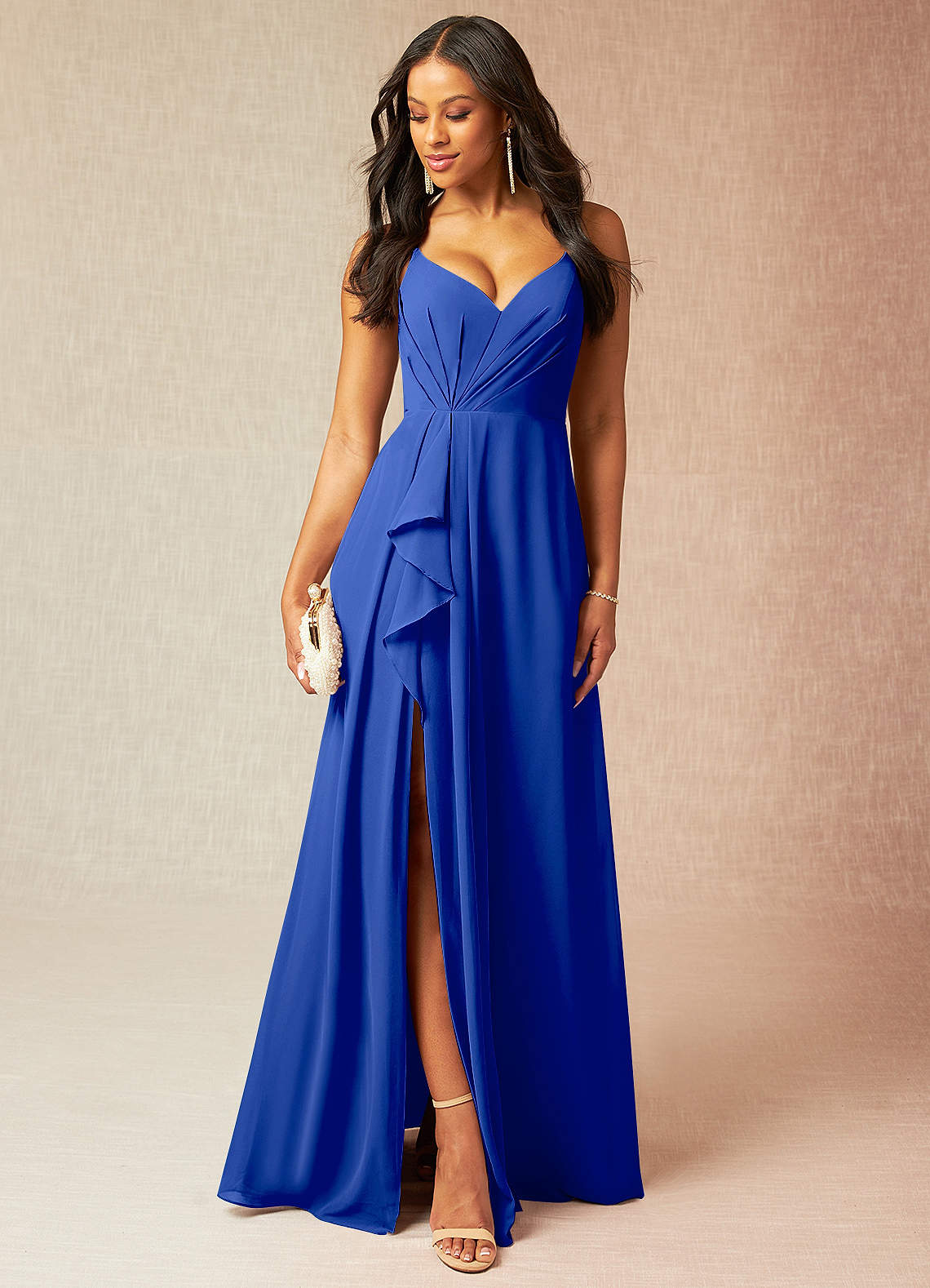 Azazie Kyedae Abiti da Damigella Abito A-Line in Chiffon con Scollo a V a Pieghe Blu Reale image1
