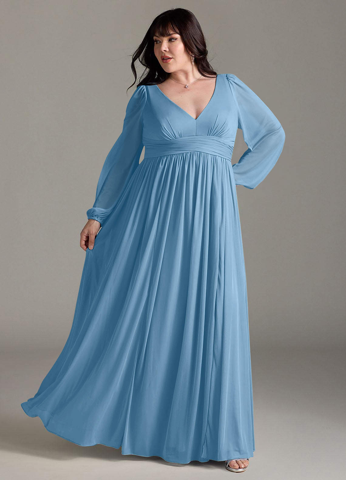 Azazie Norah Abiti da Damigella Abito A-Line in Chiffon con Maniche lunghe e Scollo a V Blu Acciaio image7