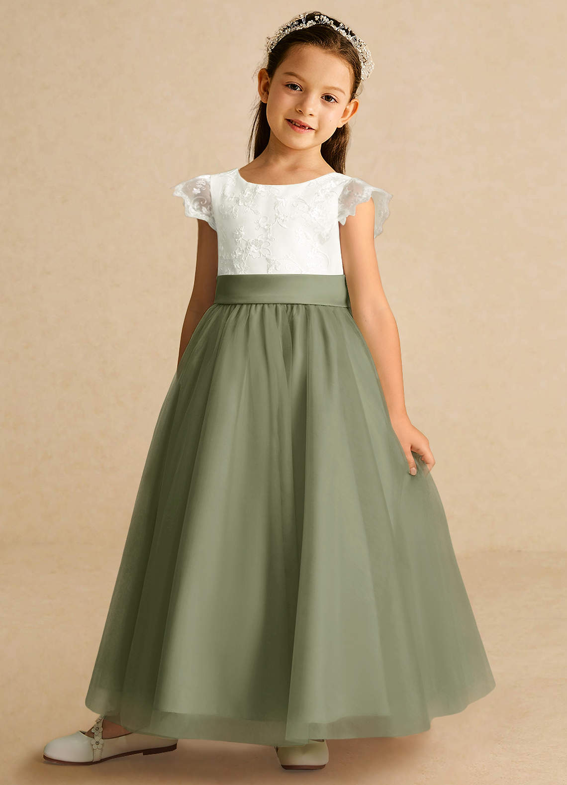 Azazie Pookie Flower Girl Dresses Pistachio A-Line Lace Tulle Dress image1