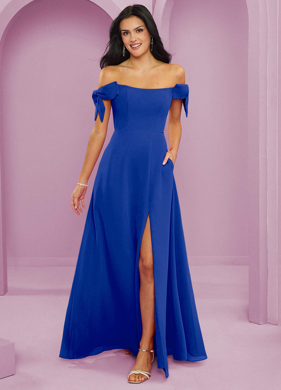 Barbie ♥ Azazie Jurken voor bruidsmeisjes Converteerbaar Jurk van Chiffon met A-Lijn Off the Shoulder Koningsblauw image1