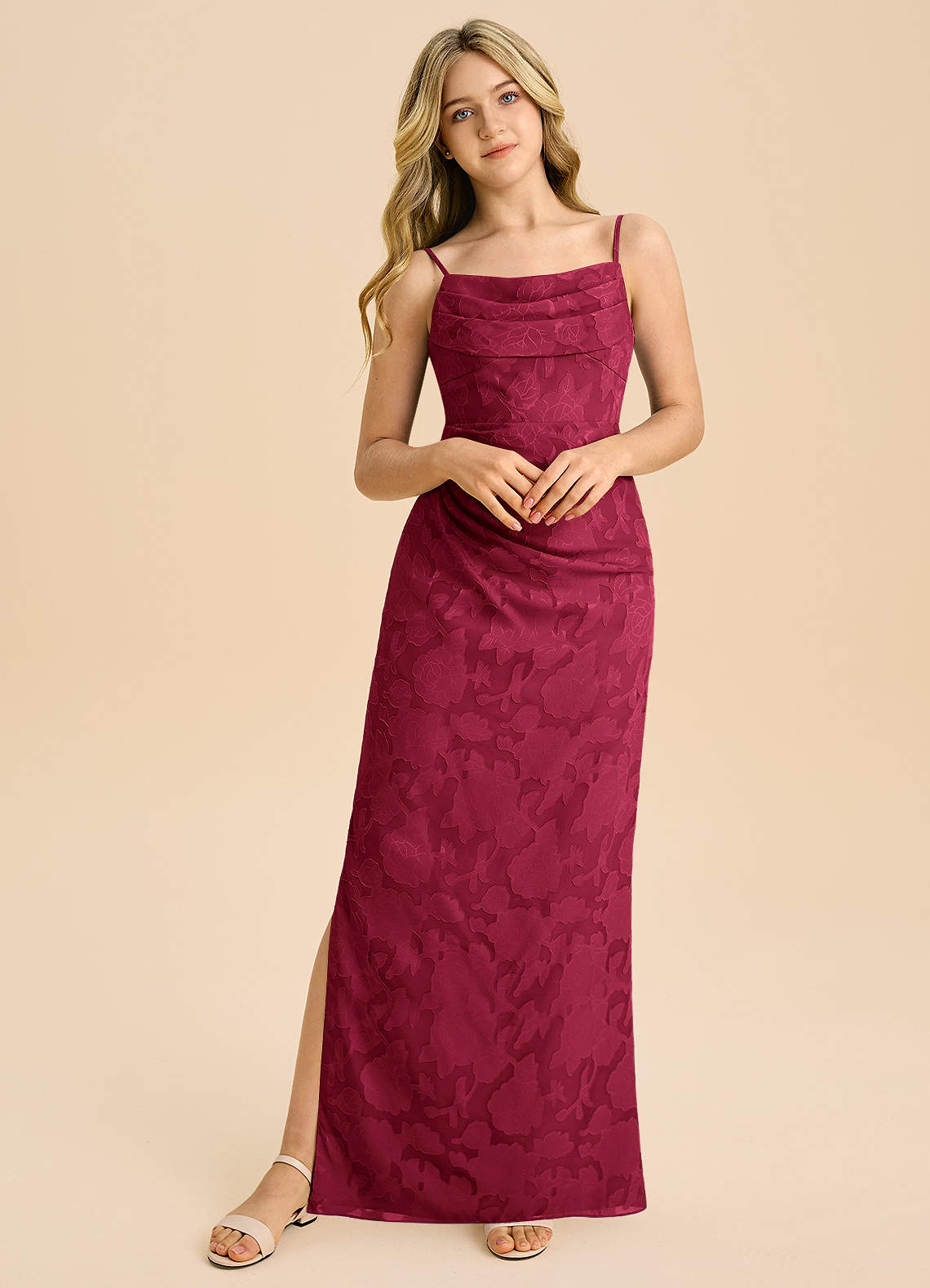 Azazie Mai Junior Osłona Pofałdowany Kwiatowe wypalenie Długość podłogi Młodsza druhna Sukienka image4