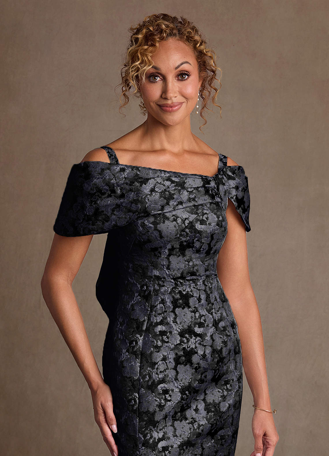 Azazie Sheath Off The Shoulder Floor-Length Floral Jacquard Mother of The Bride or Groom Dresses - Black