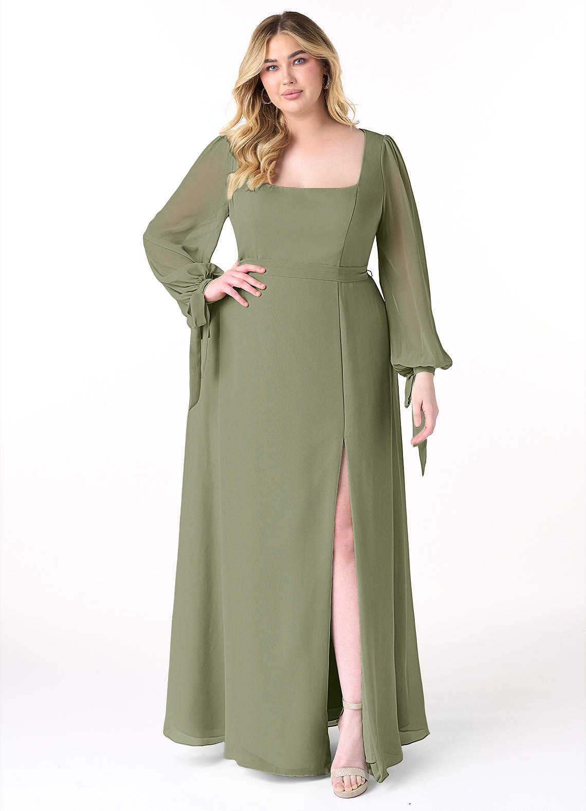 Azazie Leonia Bridesmaid Dresses Pistachio A-Line Long Sleeve Chiffon Dress image1