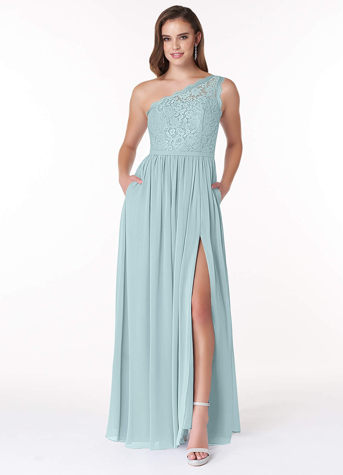 Azazie Demi Brautjungfernkleider A-Linie One-Shoulder Chiffon Kleid Nebel image1