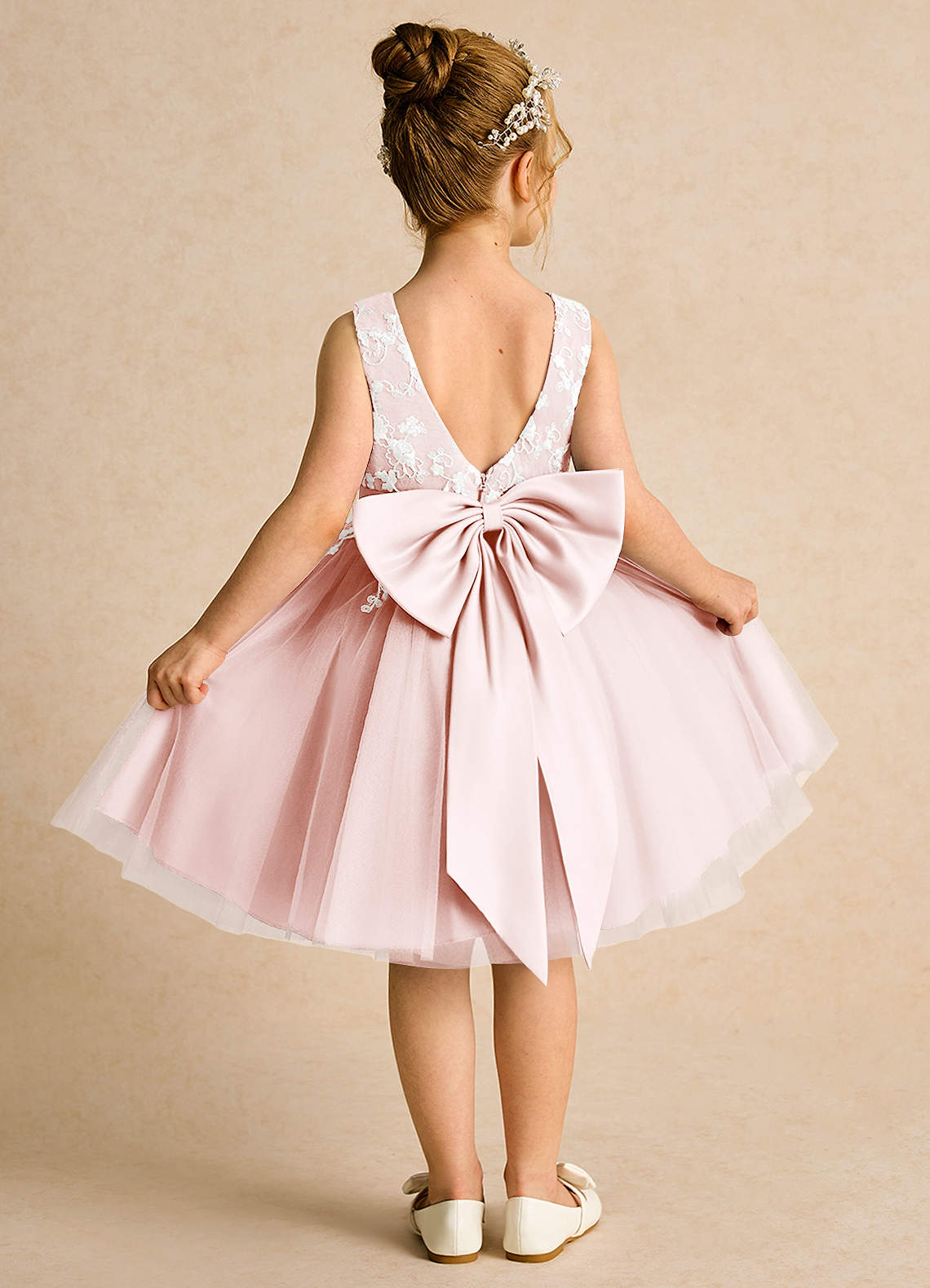 Azazie Butterfly Flower Girl Dresses Blushing Pink A-Line Lace Dress image1