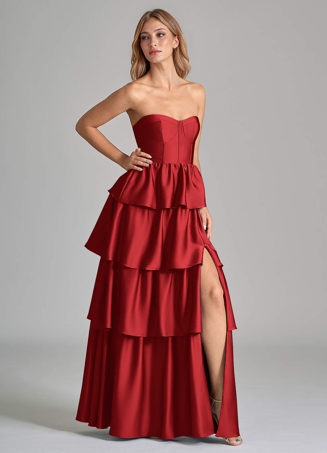 Azazie Faye Bridesmaid Dresses Pomegranate A-Line Ruched Stretch Satin Dress image1