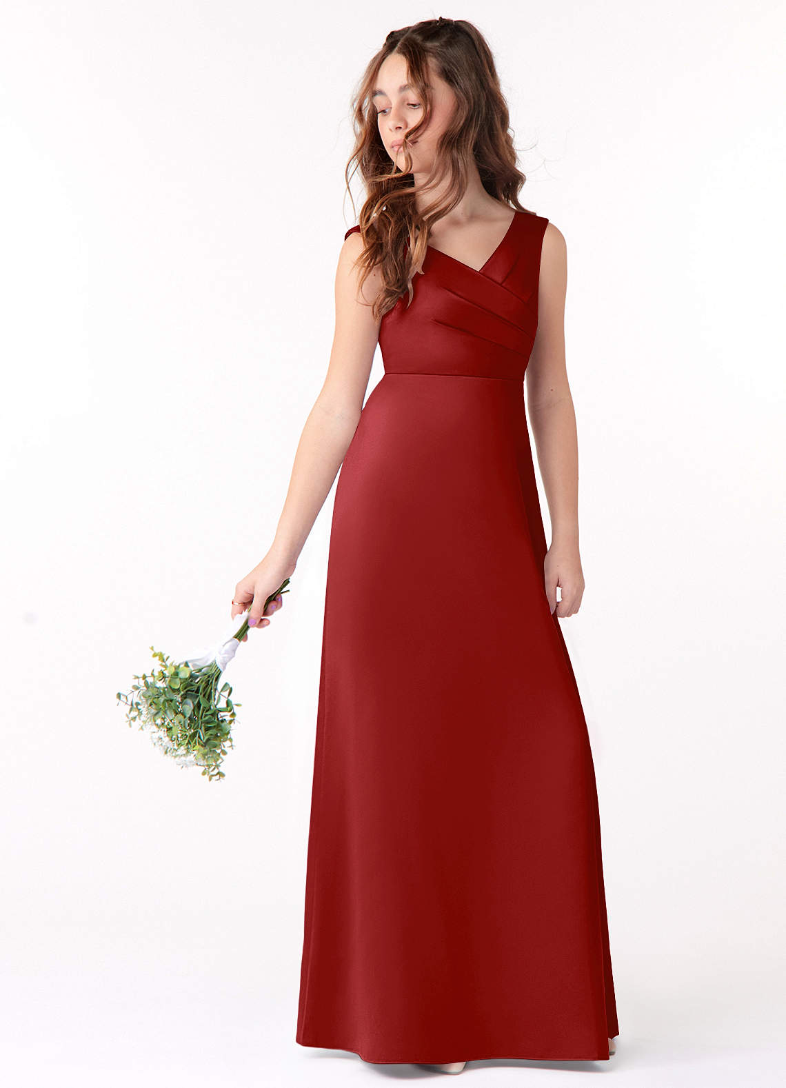 Azazie Sadia Junior Pomegranate A-Line Pleated Stretch Satin Dress image1