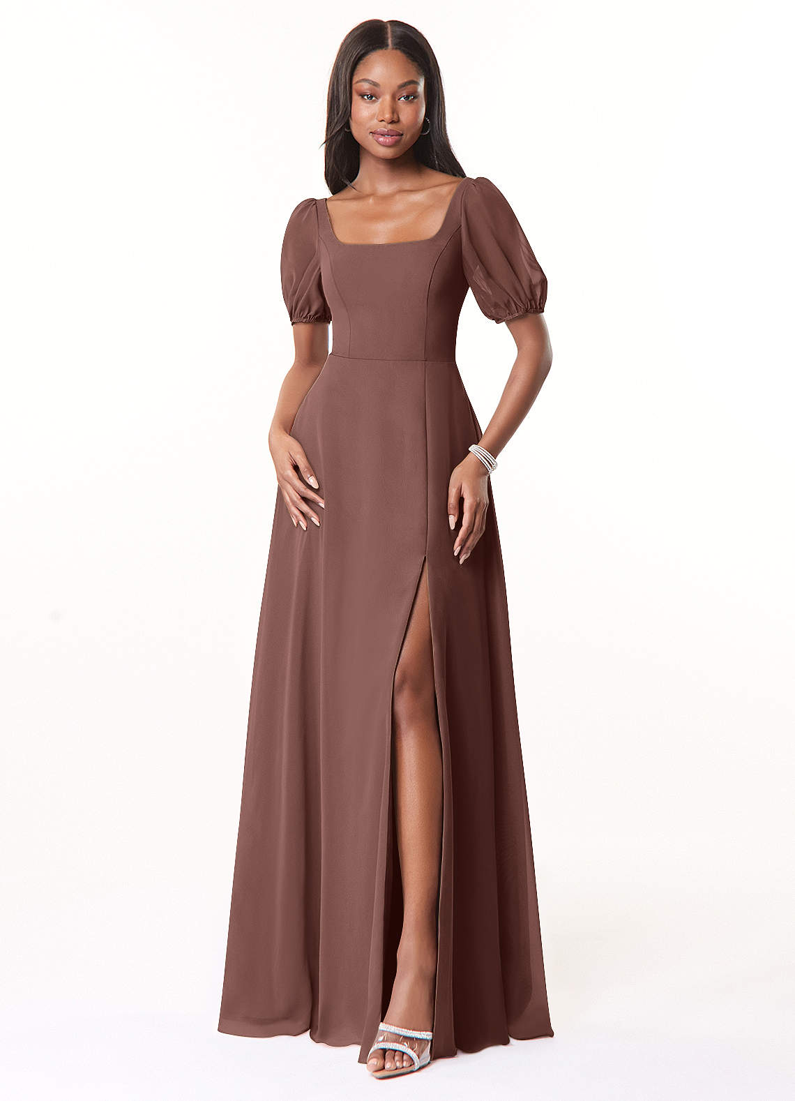 Azazie Alani Bridesmaid Dresses Espresso A-Line Square Neckline Chiffon Dress image1