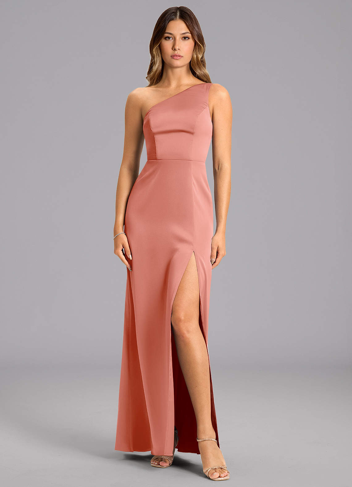 Azazie Phaedra Bridesmaid Dresses Coral A-Line One Shoulder Stretch Satin Dress image1