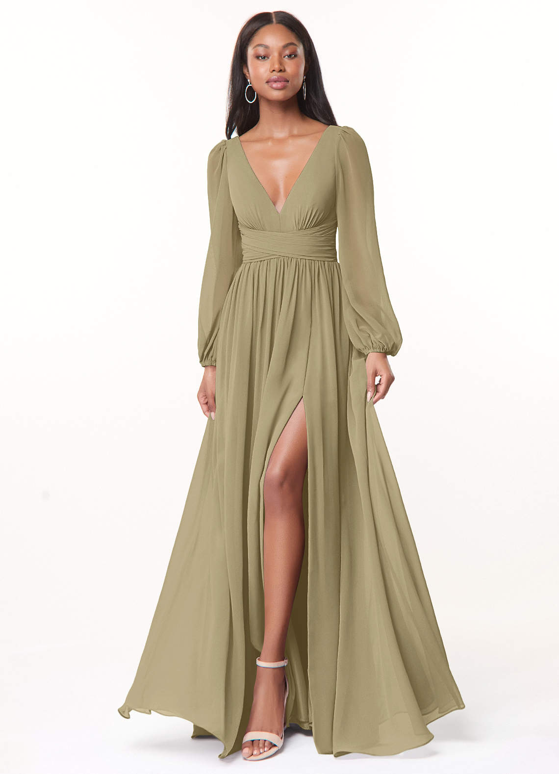 Azazie Norah Abiti da Damigella Abito A-Line in Chiffon con Maniche lunghe e Scollo a V Verde Muschio image1