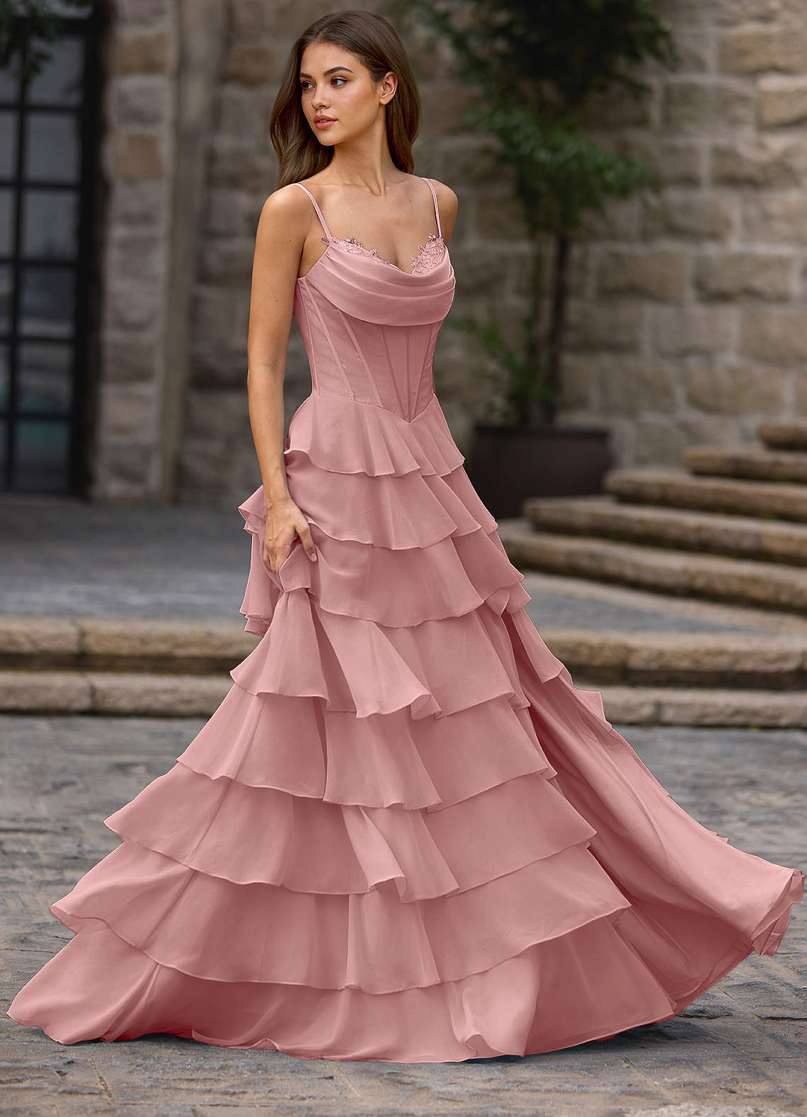 light pink a line prom dress Floralace Ruffled A-line which is perfect for celebrity dresses Girls A-Line Dress Sewing Color:light grey