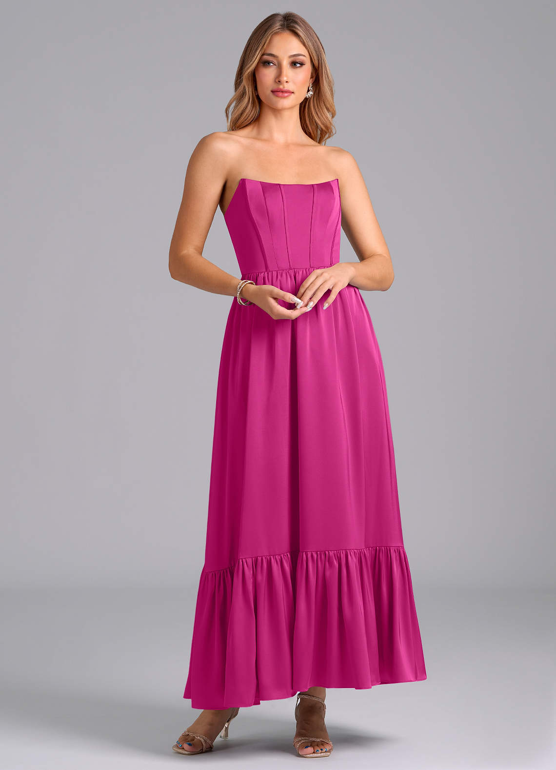 Azazie Leilana Brudtärnklänningar Klänning av A-Linje i Stretch Satin Korsett Fuchsia image1