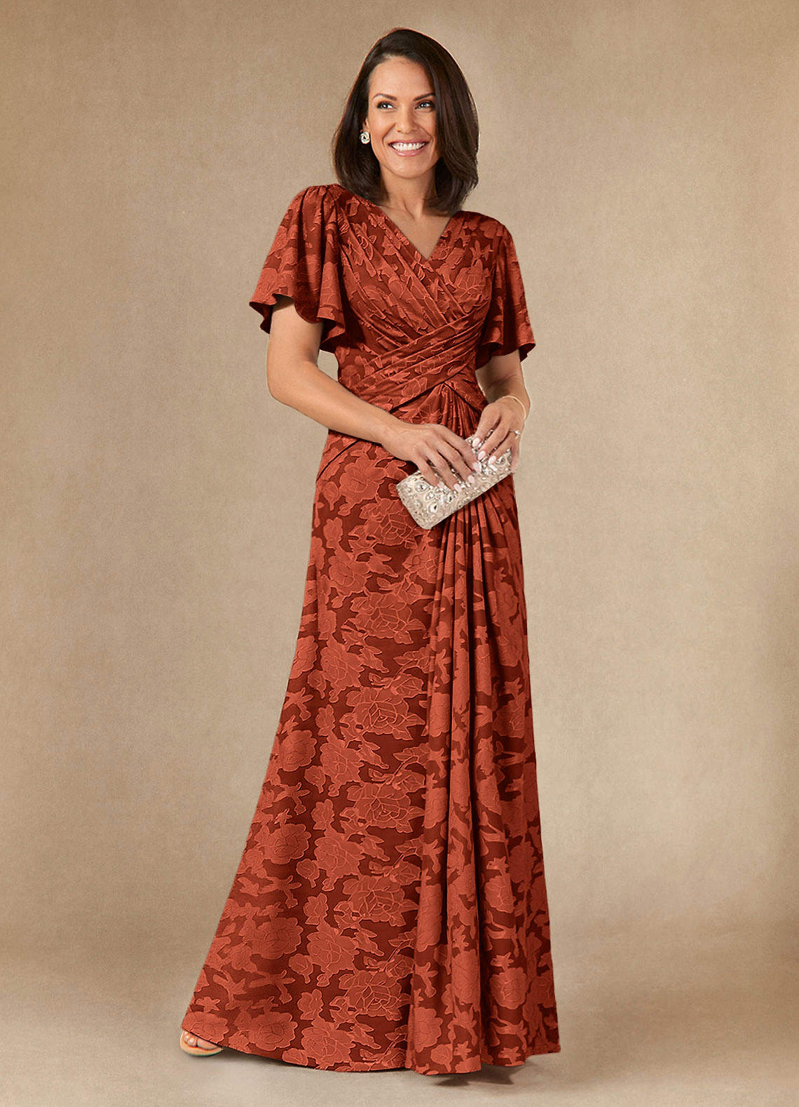Azazie Emmeline Mother of the Bride Dresses Auburn A-Line Pleated Floral Burnout Dress image1