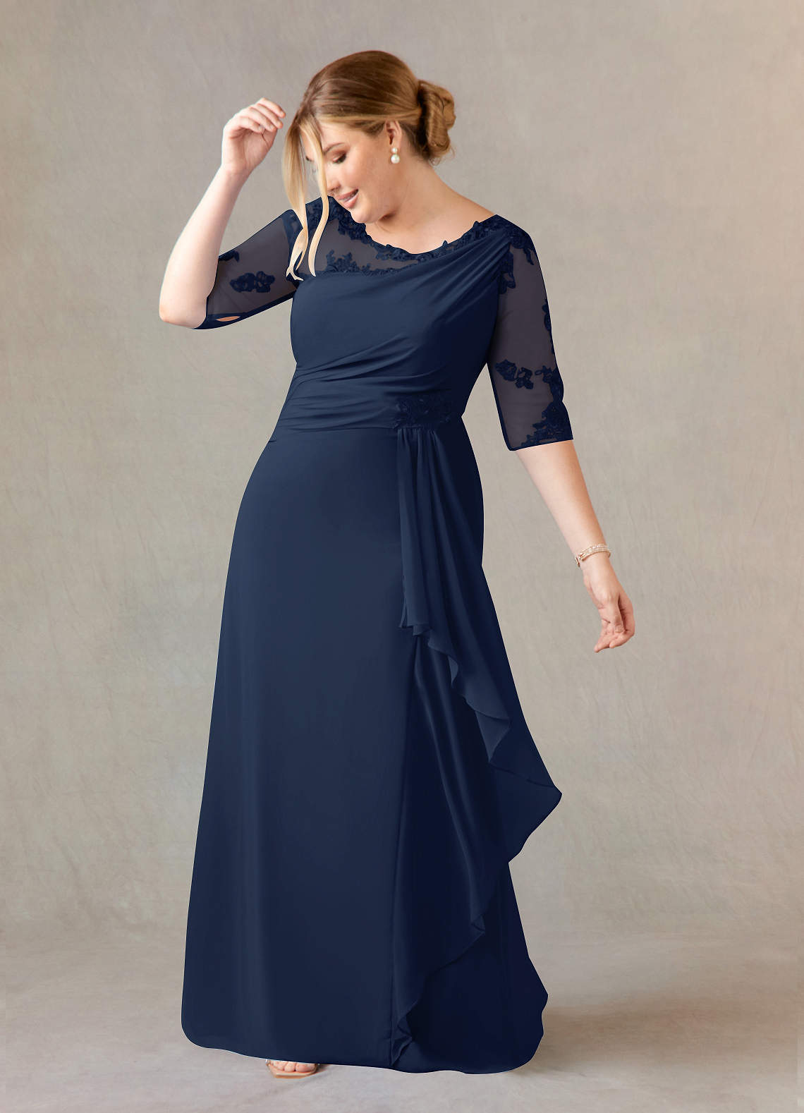 Azazie Dionysus Dark Navy A-Line Boatneck Lace Chiffon Dress Ready