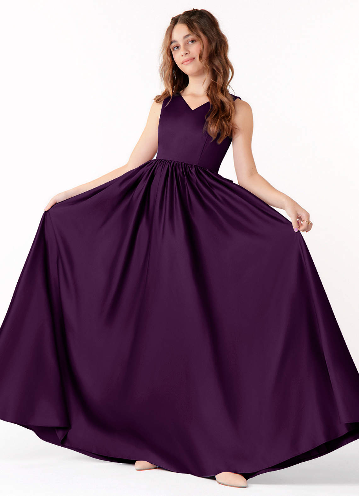 Azazie Hathaway Junior Abito A-Line in Raso Elasticizzato Fiocco Uva image1