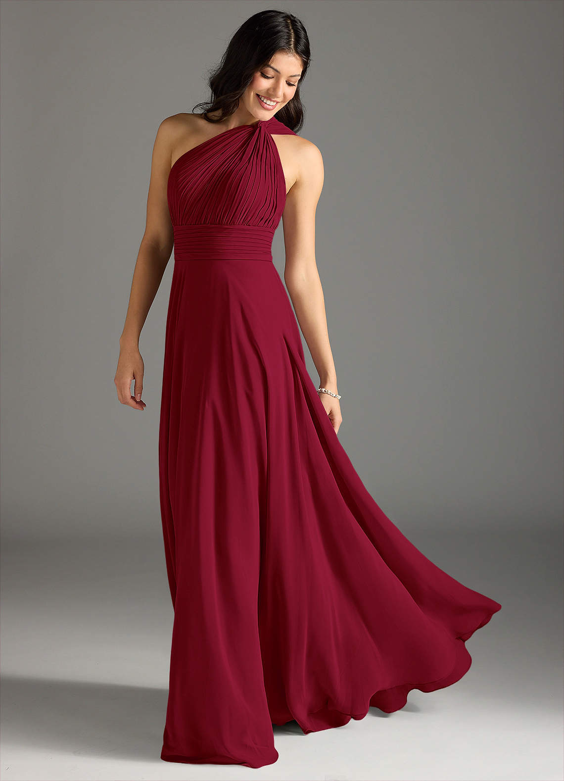 Azazie A-Line One-Shoulder Floor-Length Chiffon Bridesmaid Dresses - Burgundy