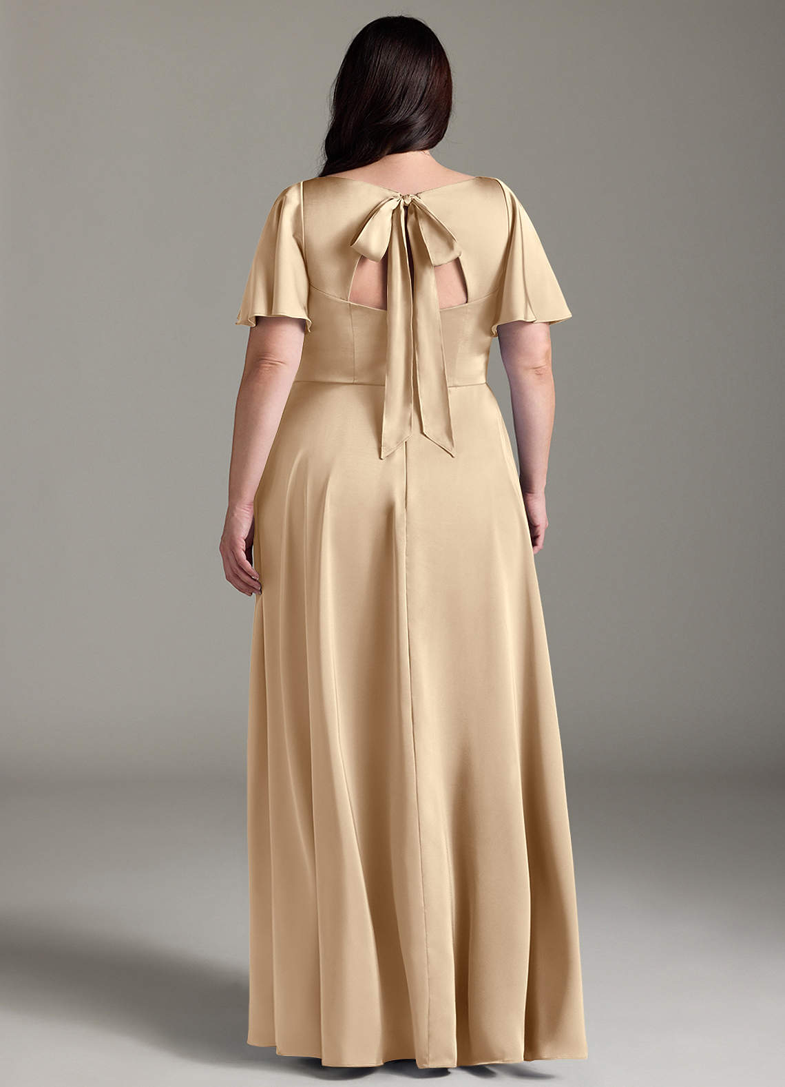 Azazie Kimber Bridesmaid Dresses Champagne A-Line Ruched Stretch Satin Dress image7