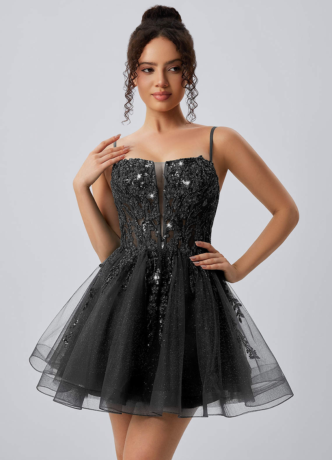 Odette Black Spaghetti Strap Sequin Tulle Lace-Up Skater Mini Dress