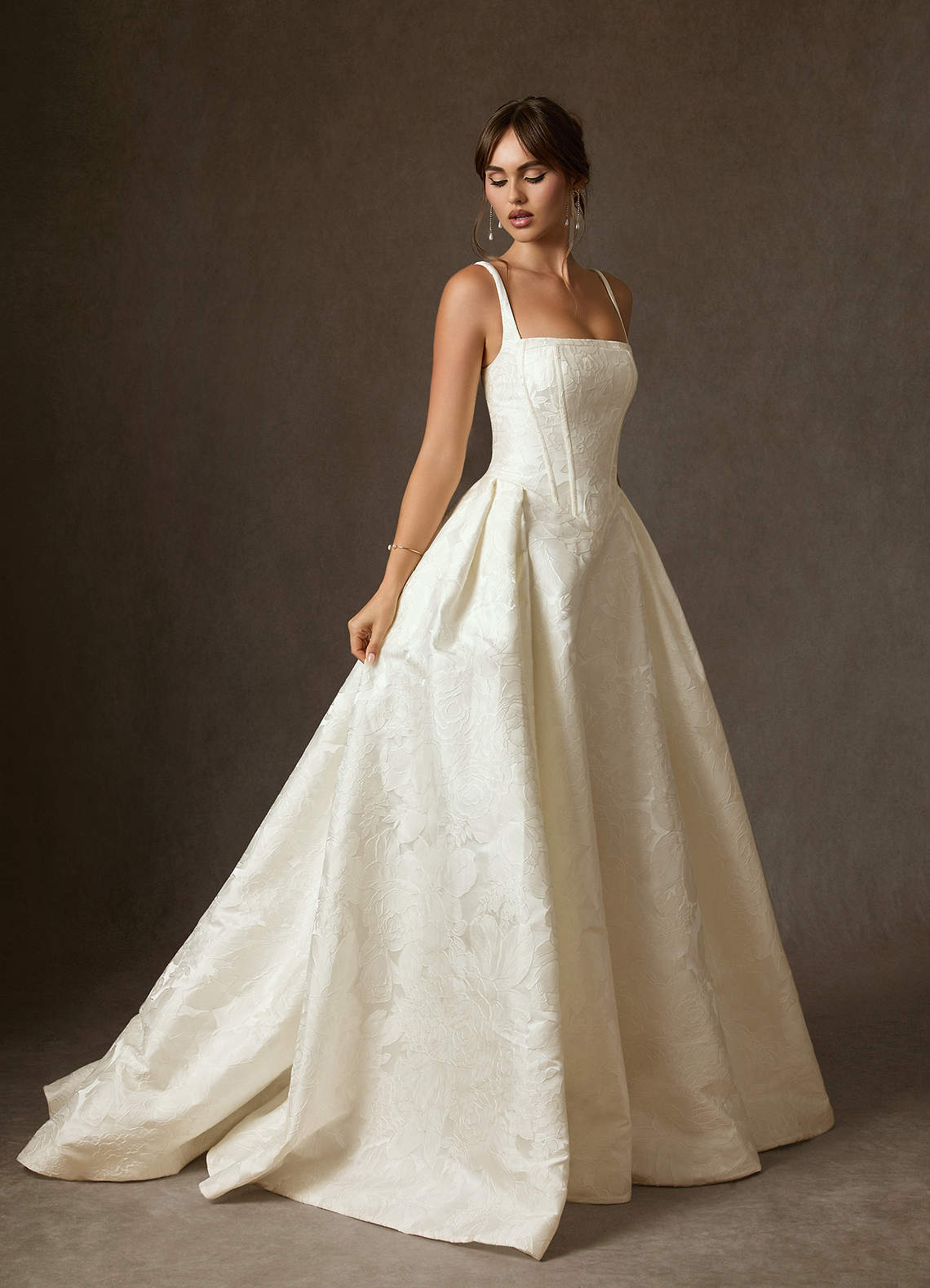 Azazie Delvina Wedding Dresses Antique White Ball-Gown with Pockets Floral Jacquard Dress image2
