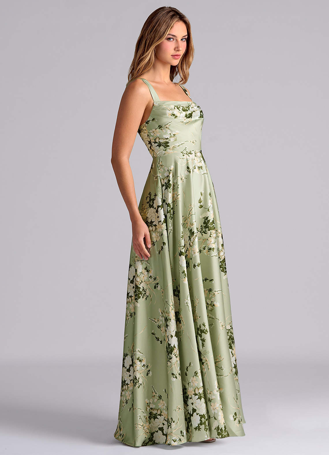 Azazie Shaude Bridesmaid Dresses Floral Vines A-Line Pleated Stretch Satin Dress image3