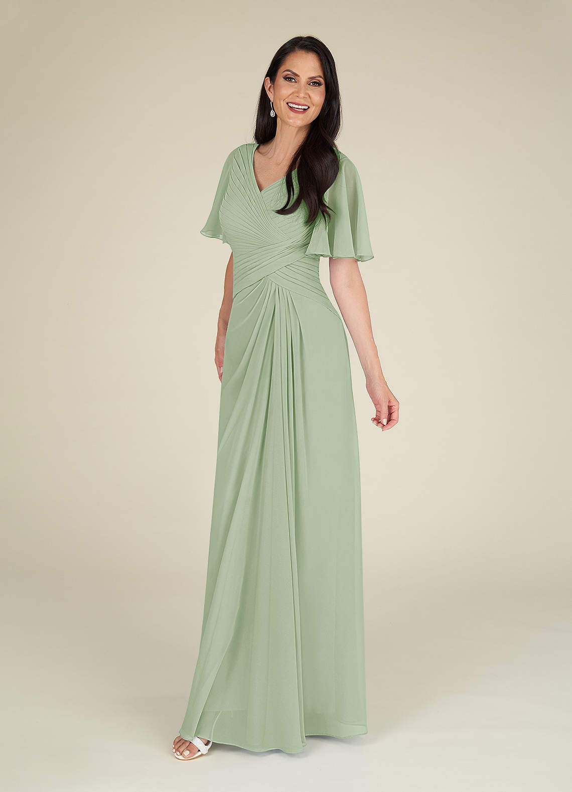 A-line V-neck Chiffon Ruched Floor-length Dress Dusty Sage Plus Size