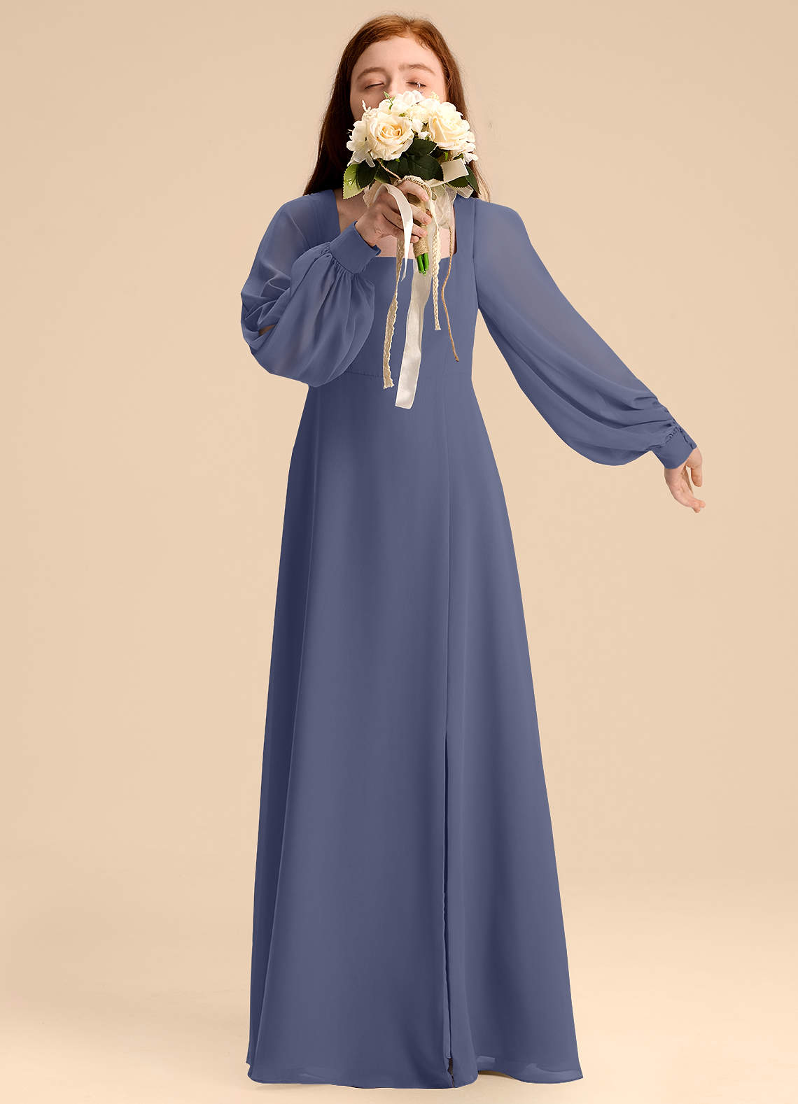 Azazie Bondi Junior Abito A-Line in Chiffon Blusa Stormy image1