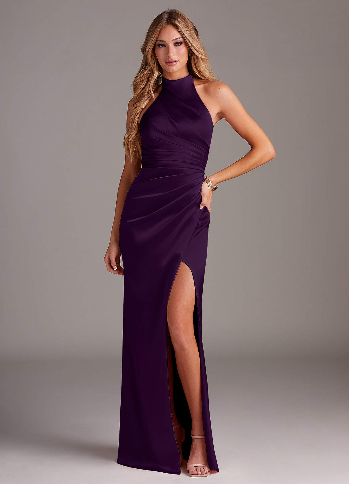 Azazie Jemma Bridesmaid Dresses Grape Sheath Pleated Stretch Satin Dress image1