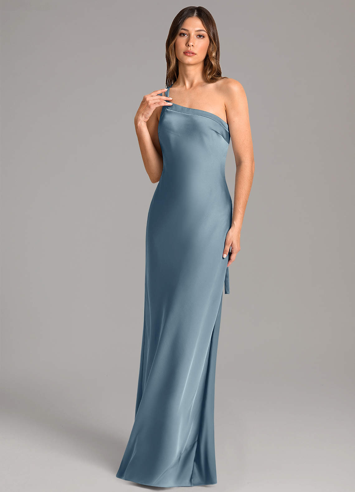 Azazie Monroe Bridesmaid Dresses Dusty Blue Mermaid One Shoulder Stretch Satin Dress image1
