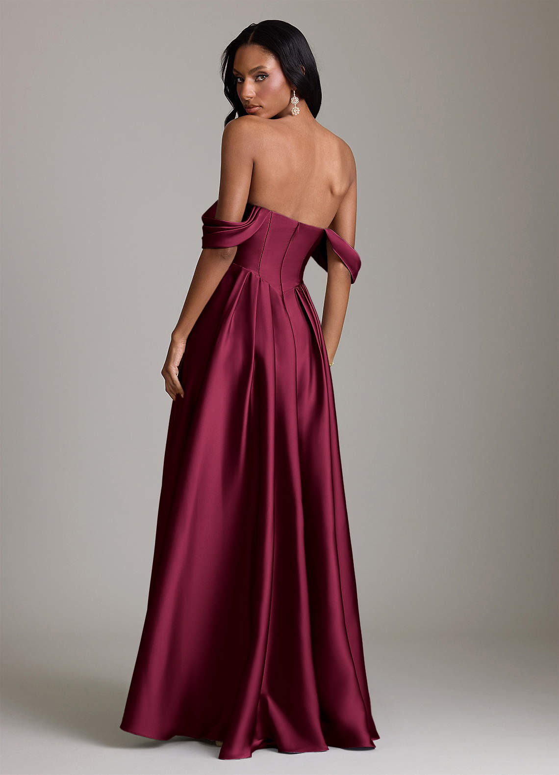 Azazie Loisa Bridesmaid Dresses Burgundy A-Line Off the Shoulder Stretch Satin Dress image1