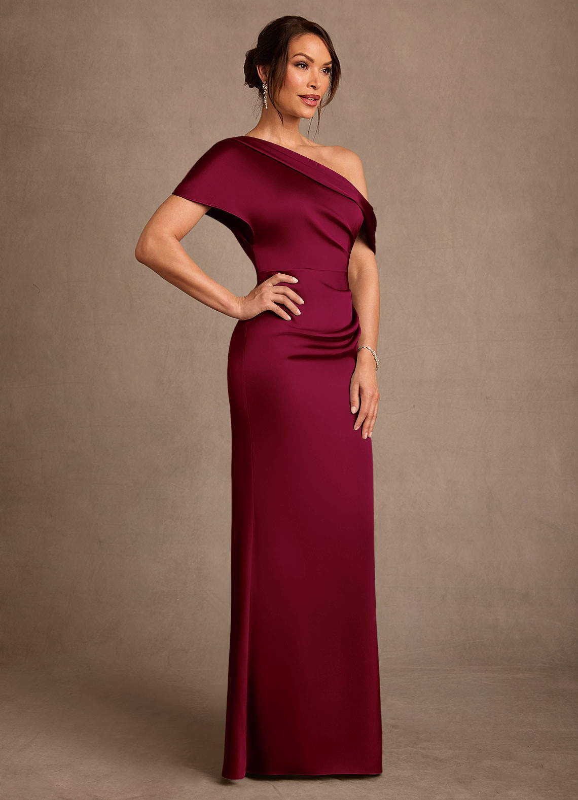 Azazie Rutha Mother of the Bride Dresses Burgundy Sheath One Shoulder Stretch Satin Dress image2