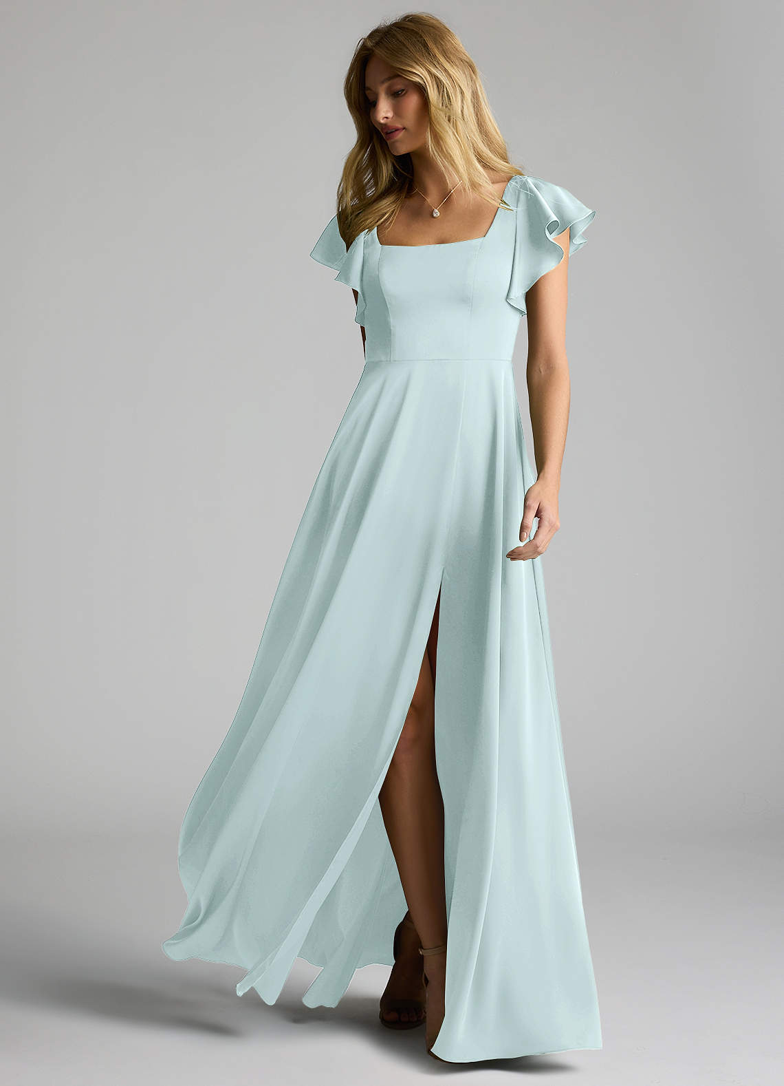 Azazie A-Line Square Neck Floor-Length Stretch Satin Bridesmaid Dresses - Sea Glass