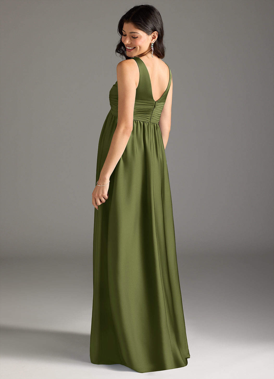 Azazie Yetta Maternity Bridesmaid Dresses A-Line Pleated Stretch Satin Floor-Length Dress image2