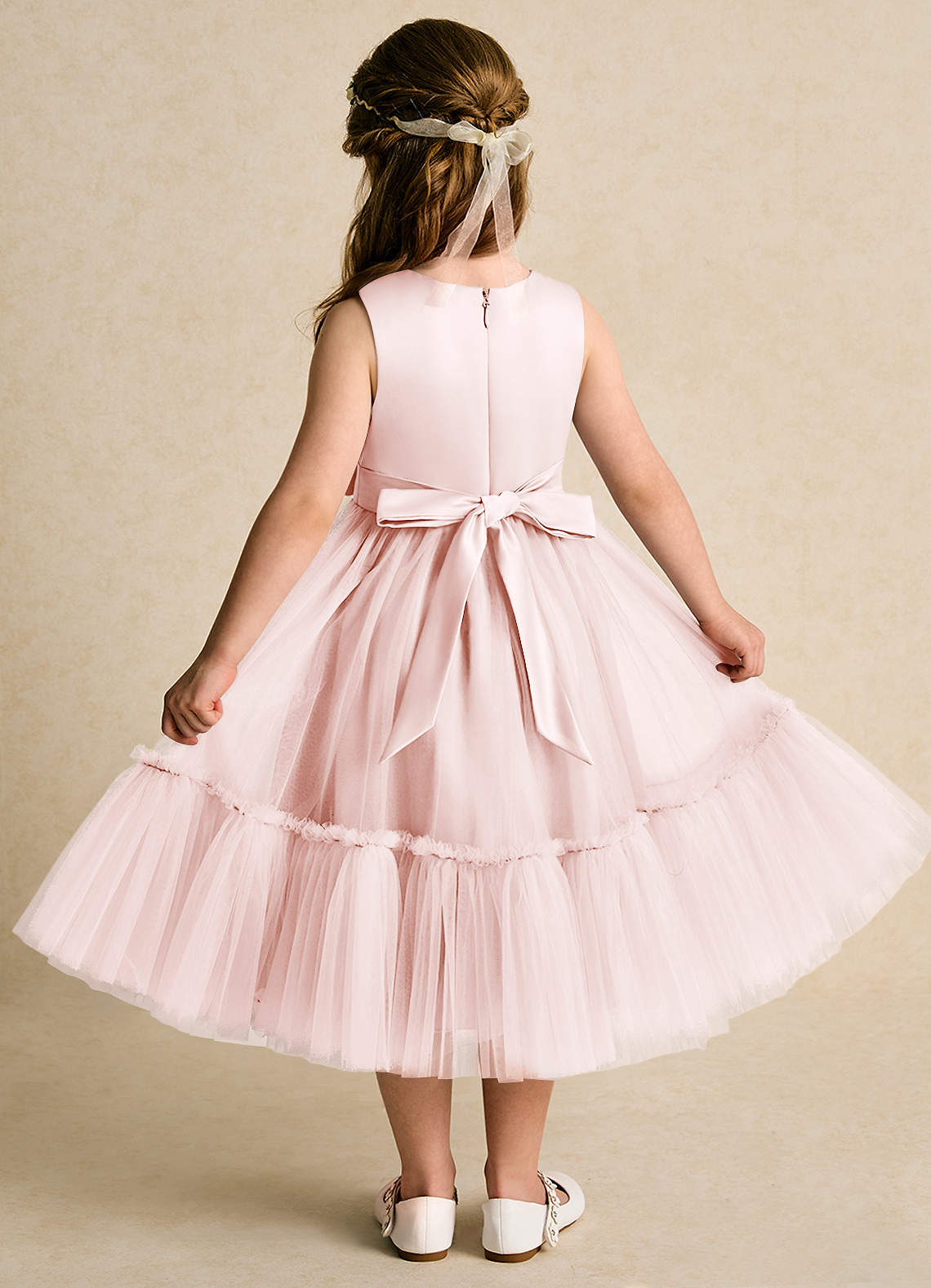 Azazie Miracle Flower Girl Dresses Blushing Pink A-Line Bow Matte Satin Dress image1