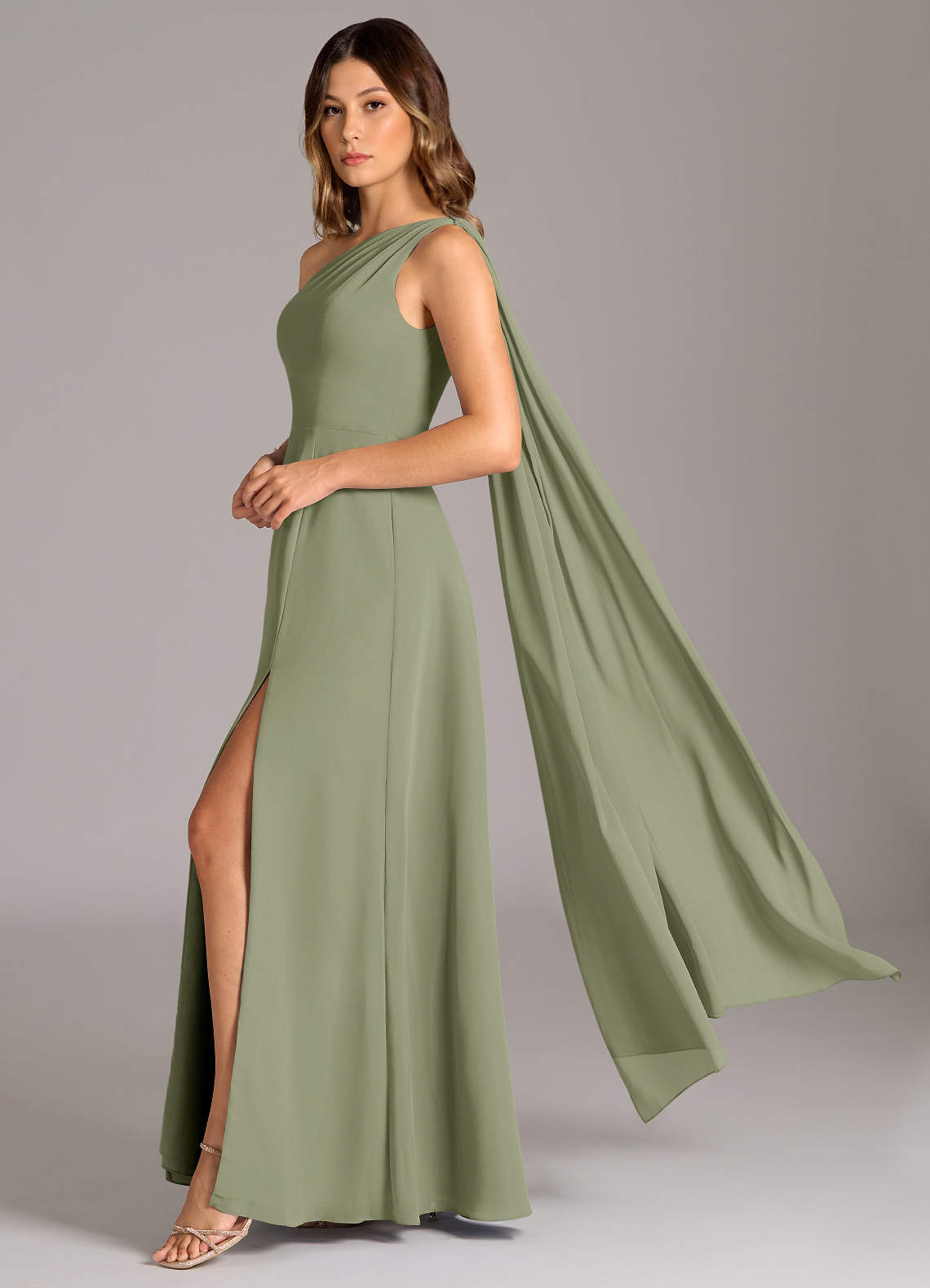 Azazie Tella Bridesmaid Dresses Pistachio A-Line One Shoulder Chiffon Dress image1