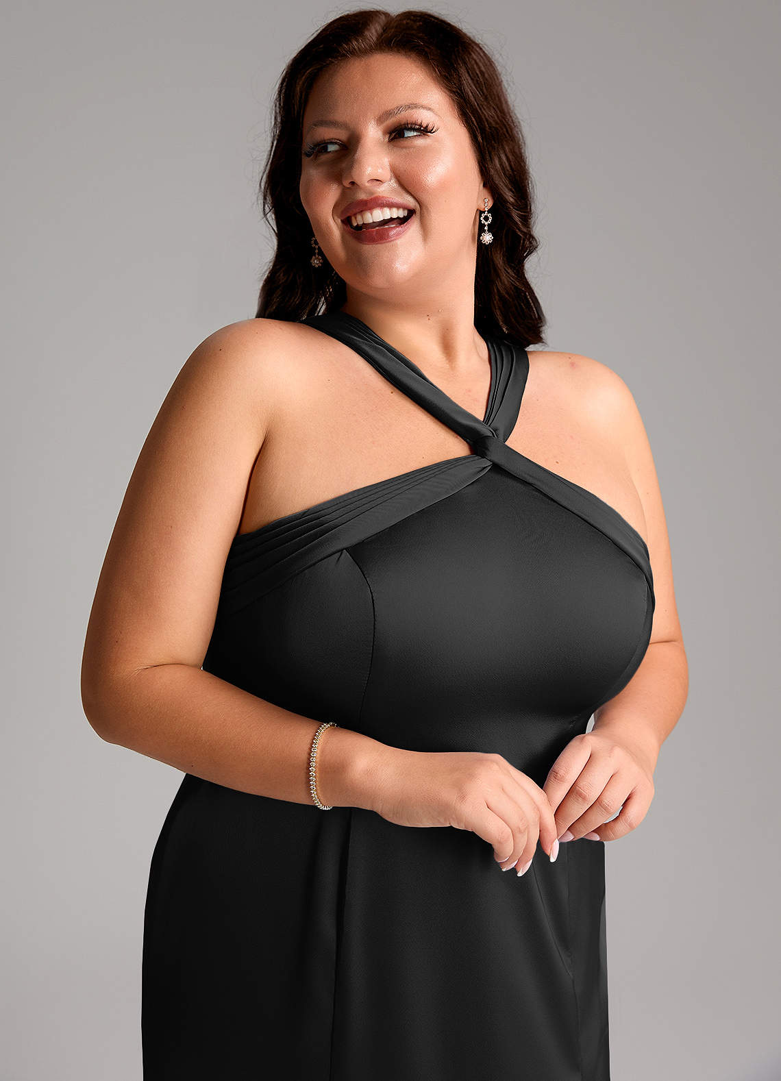 Azazie Rue At-home Try On Dresses Black A-Line Pleated Stretch Satin Dress image11